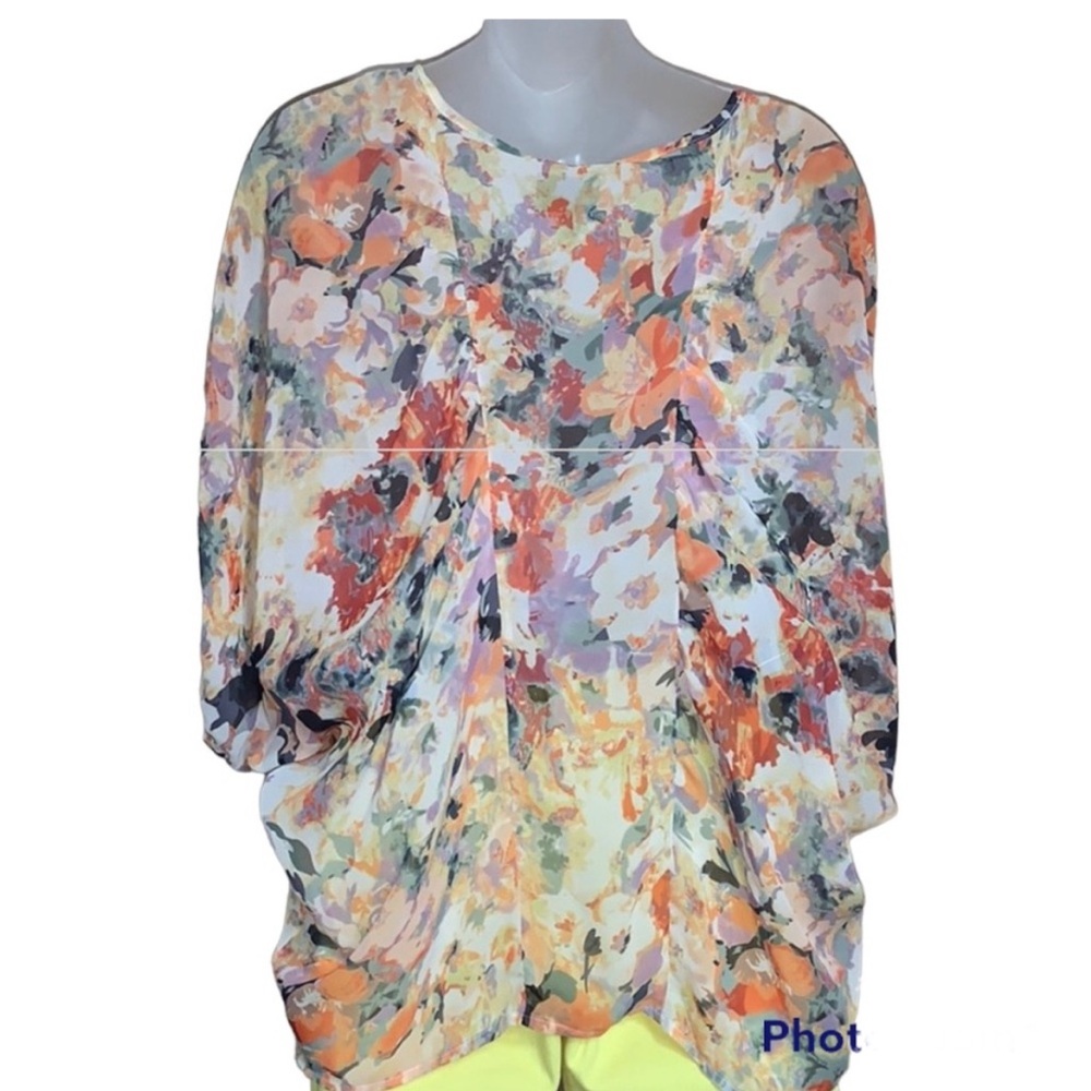 Hilma Petite Watercolor Floral Chiffon Blouse LP Split Neck Tie Waist - Picture 3 of 7